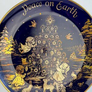 1974 Lindner “Peace on Earth” Blue 24K Gold Christmas Plate, H.H. Lihs, Germany